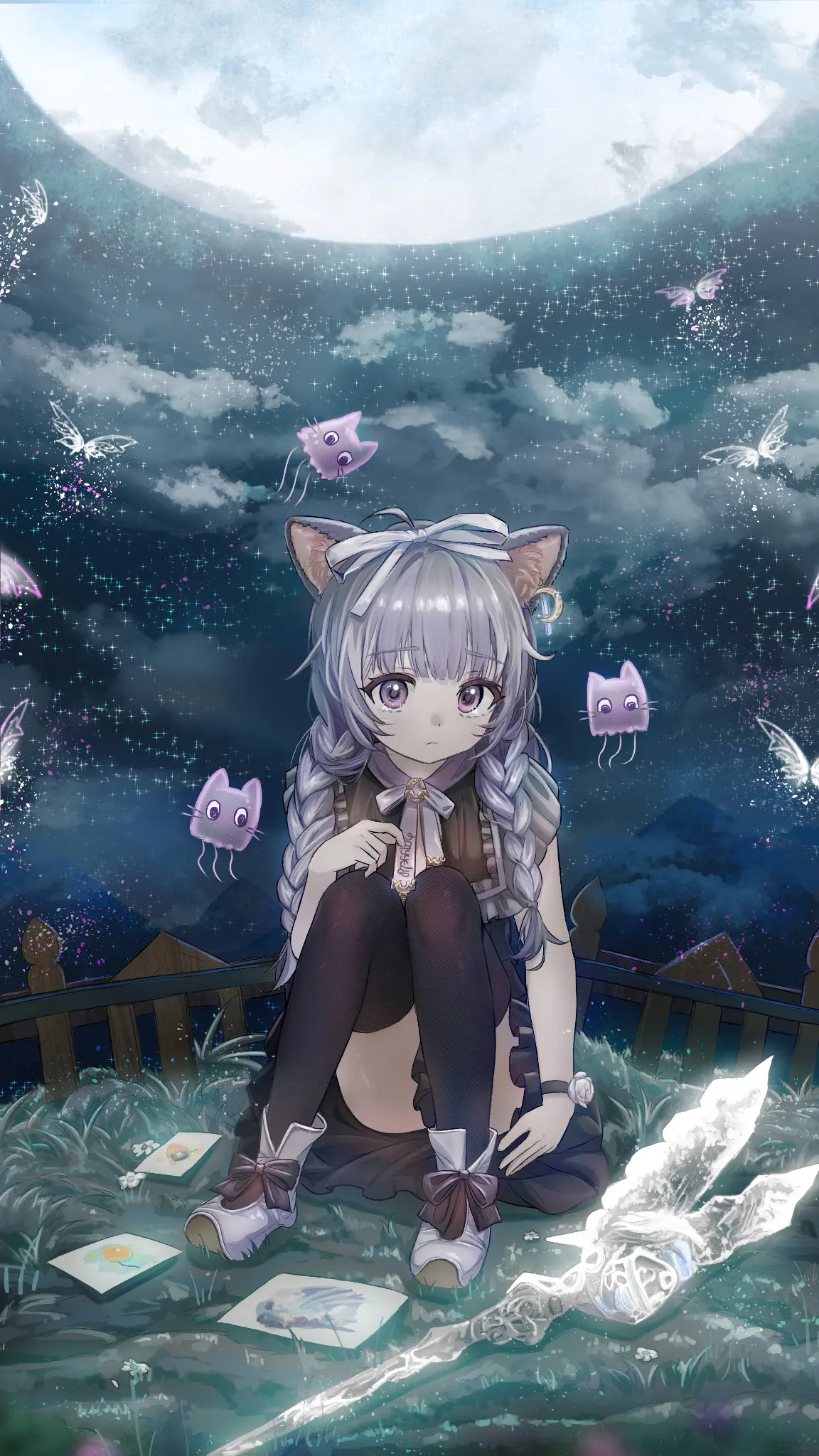 月夜中的猫耳少女角色插画
